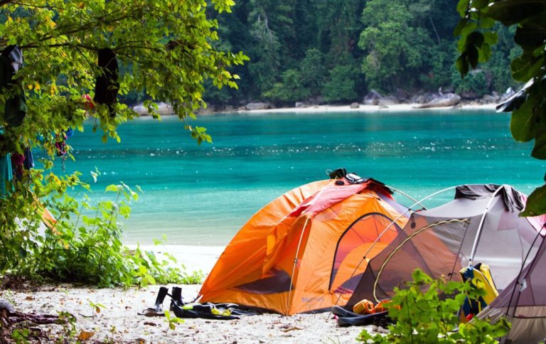 Camping with tent on the beach