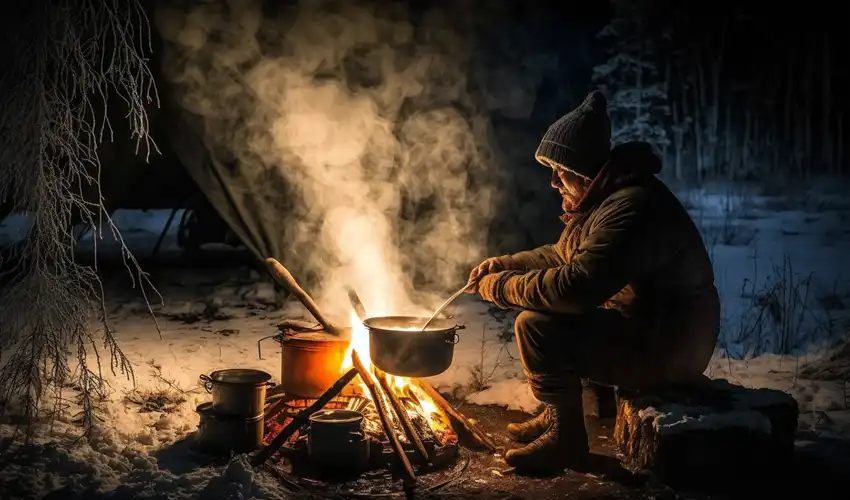 A man cooking over a campfire