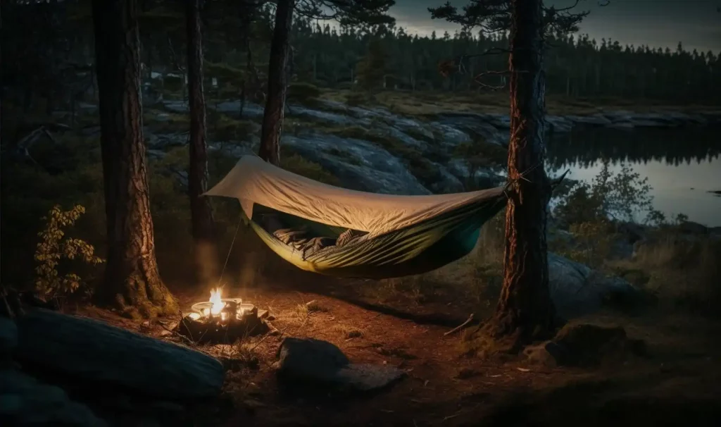 A camper sleeping in a camping hammock at night