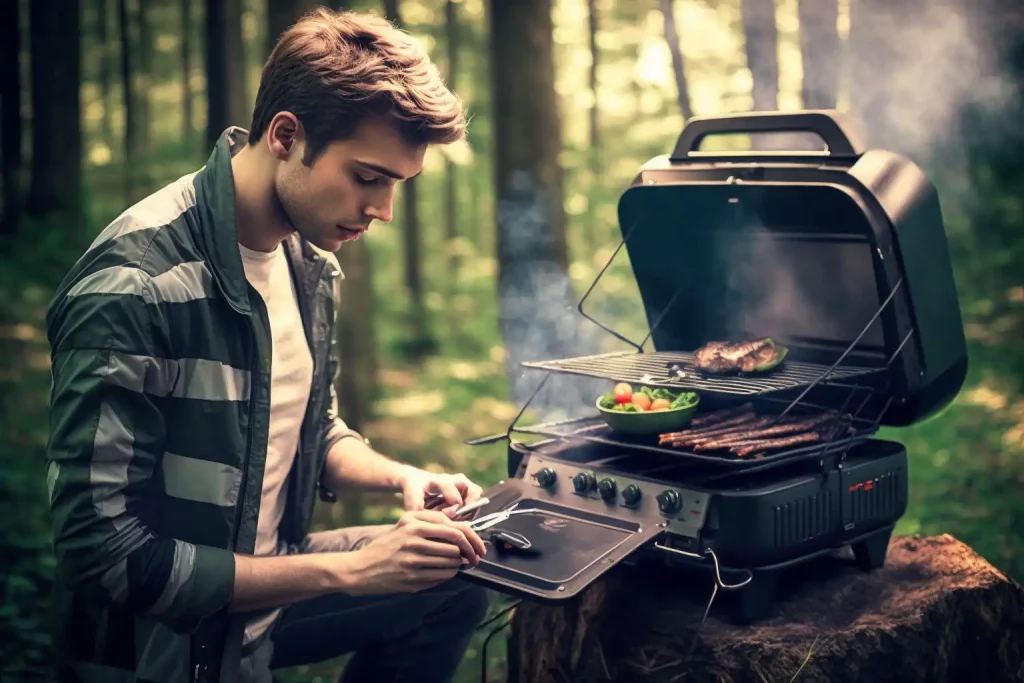 Young man grilling his meat and vegetables at campsite