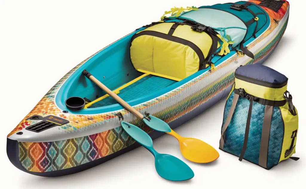A inflatable kayak with camping accessories