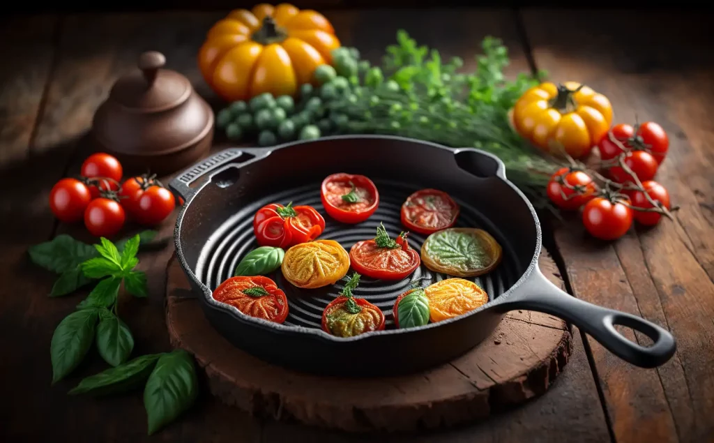 A well-seasoned cast iron skillet with deep ridges that leave distinct sear marks on food, sitting on a rustic wooden table, surrounded by fresh ingredients like tomatoes, garlic, and herbs