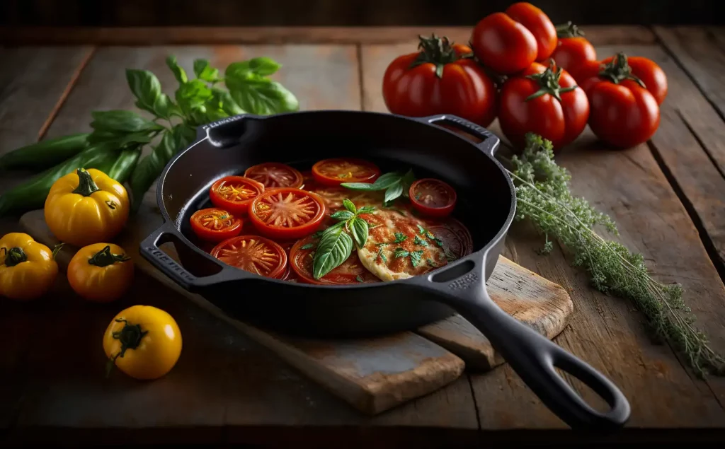A well-seasoned regular cast iron skillet sitting on a rustic wooden table, surrounded by fresh ingredients like tomatoes, garlic, and herbs