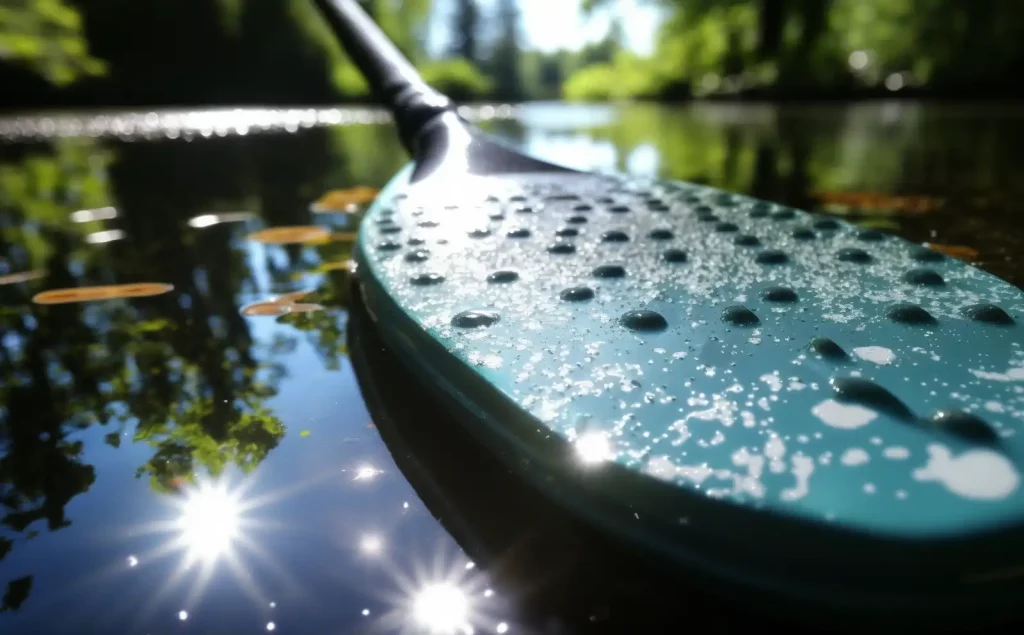 A close-up of the kayak paddle's blade, with water droplets glistening in the sunlight.
