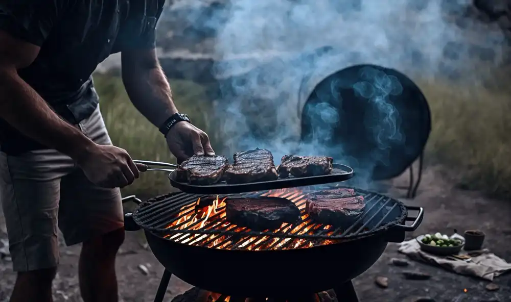 Grilling meat at campsite