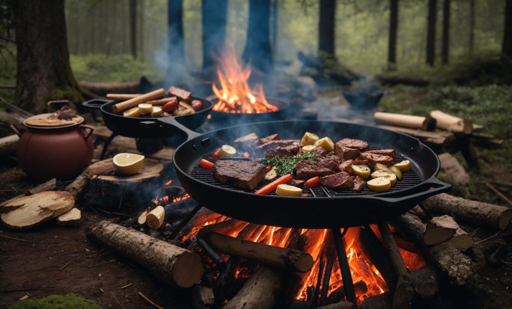 A rustic setup featuring a cast-iron skillet