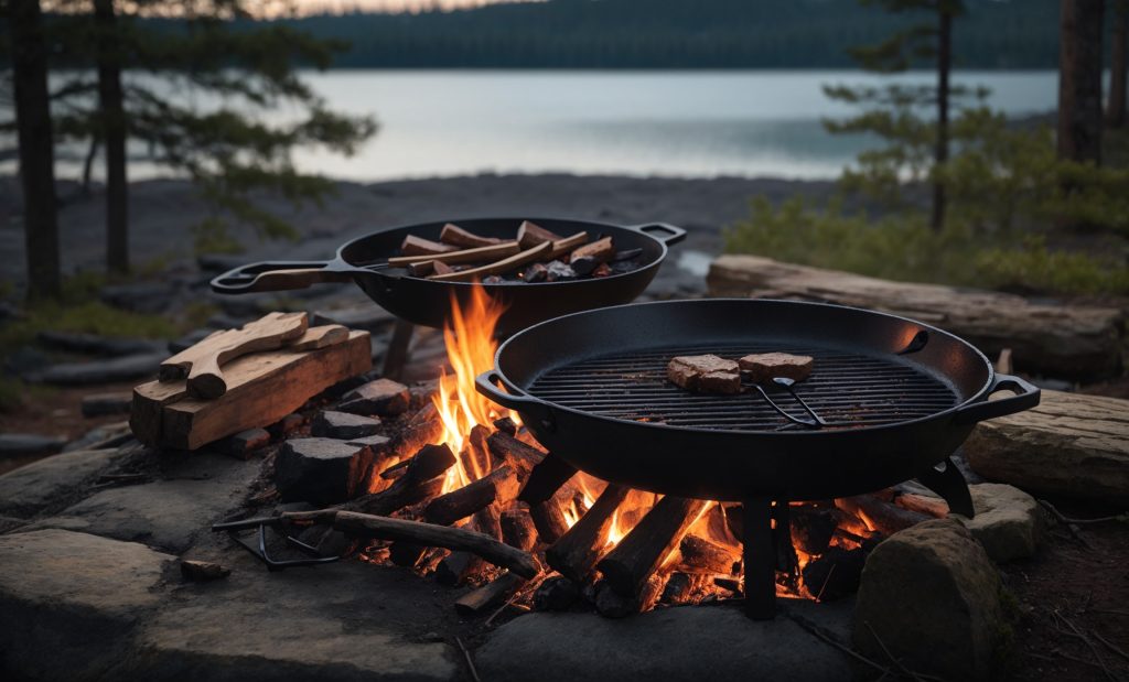 Cast iron skillets and grilling forks next to a campfire