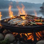 Campfire Cooking tools, a gridiron with various fish and veggies placed directly over the fire