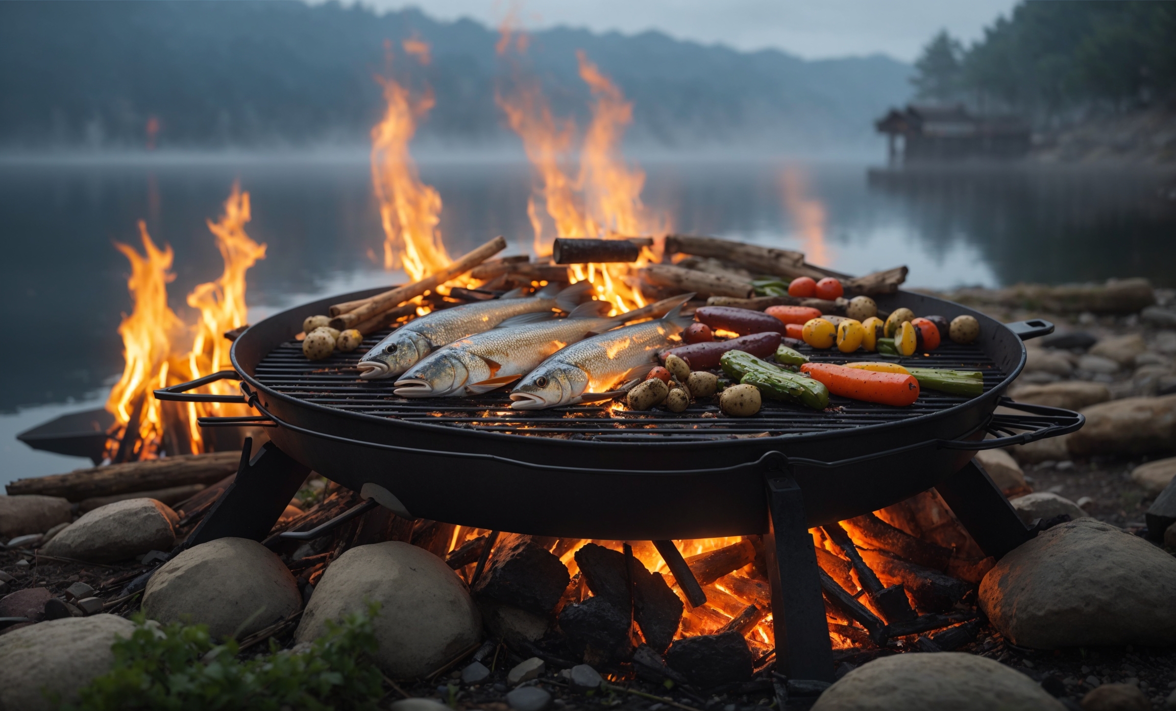 Campfire Cooking tools, a gridiron with various fish and veggies placed directly over the fire